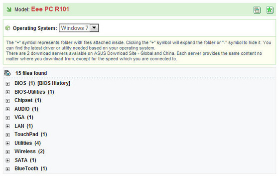 ASUS Eee PC R101 driver oldal screenshot