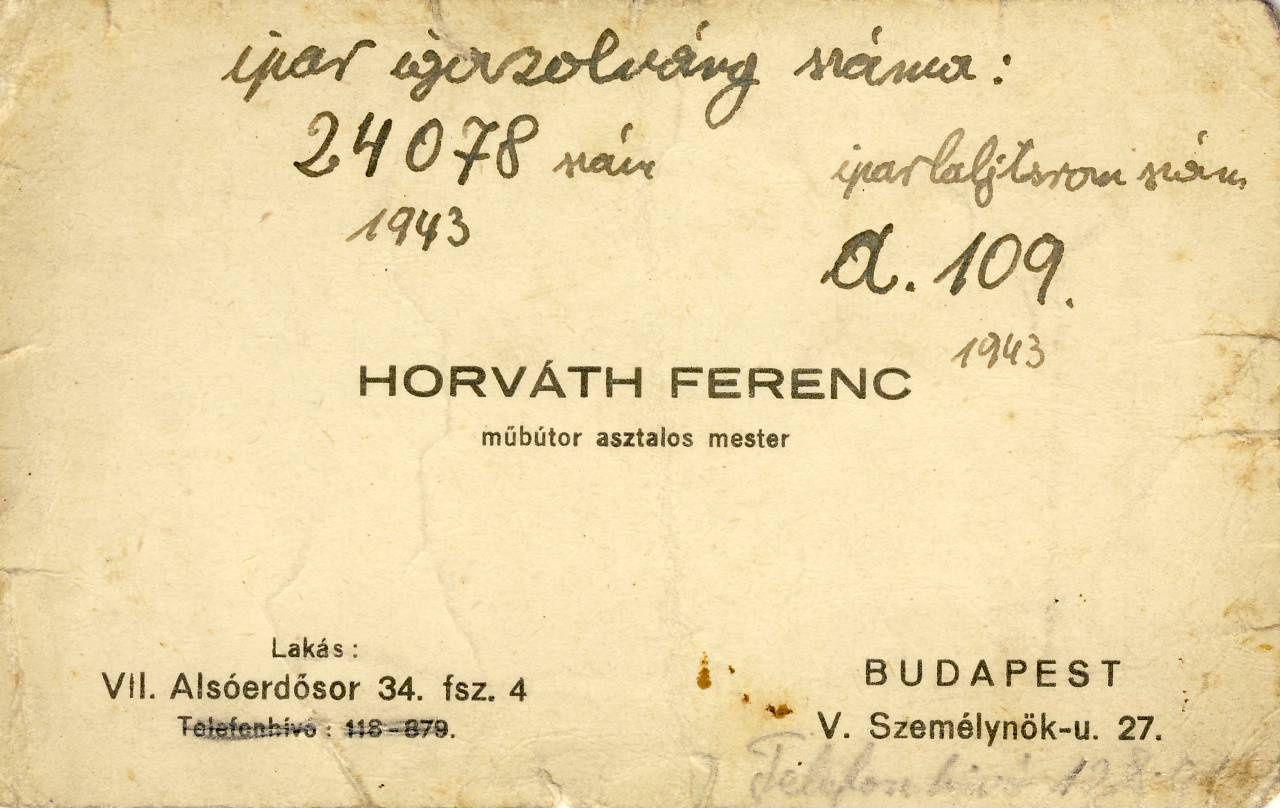 Horváth Ferenc első névjegykártyája