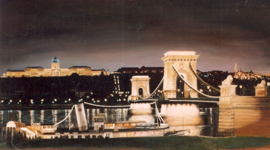 Budapesti esti részlet a Lánchíddal, 50x90cm, olaj-vászon.